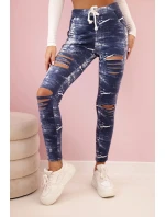 Dámské legíny z bavlny s džínovými roztrženinami modré