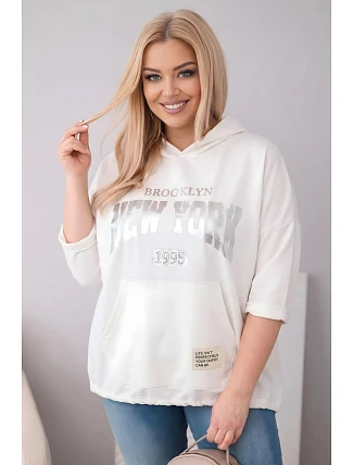 Dámská viskózová mikina Plus Size s kapucí a klokaní kapsou ecru