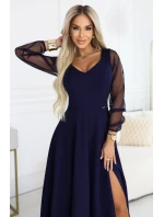 640-3 LORETTA jedinečné dlouhé šaty s tylovými rukávy a výstřihem - tmavě modré 640-3 LORETTA jedinečné dlouhé šaty s tylovými rukávy a výstřihem - tmavě modré