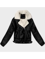 Černo-ecru dámská kožená bunda s kožešinovou podšívkou pro přechodné období J Style (11Z8267)