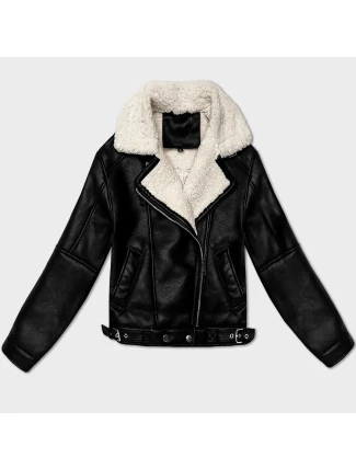 Černo-ecru dámská kožená bunda s kožešinovou podšívkou pro přechodné období J Style (11Z8267)