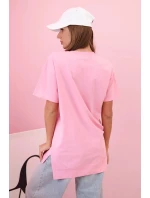 Dámské oversize bavlněné tričko srdcem a třásněmi světle růžová