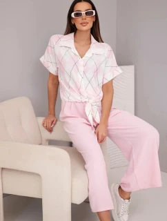Dámský komplet z viskózy, košile s vázáním a kalhoty s gumou, pudrově růžová