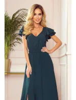 LIDIA - Dlouhé dámské šaty v lahvově zelené barvě s výstřihem a volánky 310-1