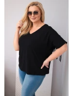Dámská bavlněná halenka Plus Size s výstřihem do V a třásněmi na zádech černá
