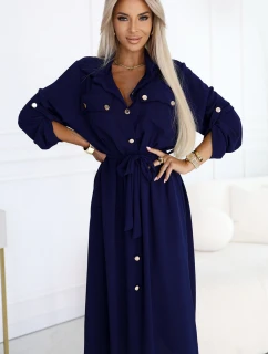 531-6 Midi košilka se zlatými knoflíky a vázáním - ZELENÁ