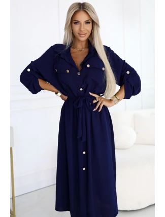 531-6 Midi košilka se zlatými knoflíky a vázáním - ZELENÁ