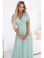 635-8 MELANIA dlouhé třpytivé šaty s výstřihem a krátkými rukávy - pistáciová barva