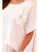 Dámský komplet z viskózy s ozdobným květem a širokými kalhotami - fuchsie bílý