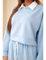 Dámský komplet máslová mikina s límečkem a rovné kalhoty modrý Dámský komplet máslová mikina s límečkem a rovné kalhoty modrý