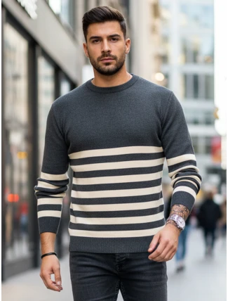 Pánský tmavě šedý pruhovaný svetr FashionStreet WX2133