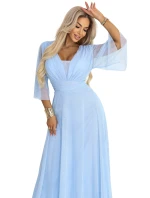 654-3 Dlouhé třpytivé plus size šaty s výstřihem a průhlednými rukávy - modré