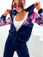 Dámská velurová souprava s růžemi tmavě modrá (8210)