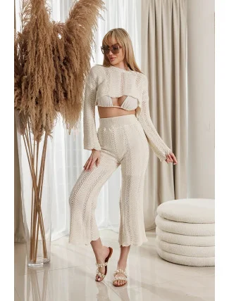 Dámský ažurový komplet v barvě ecru - crop top a dlouhé kalhoty (1978) Dámský ažurový komplet v barvě ecru - crop top a dlouhé kalhoty (1978)