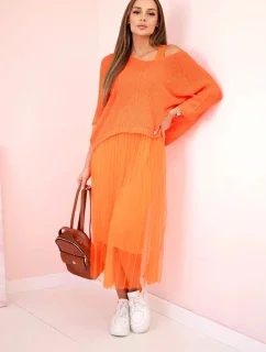 Plisované šaty s ažurovým svetříkem pomeranč
