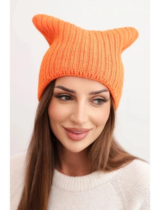 Dámská zimní čepice s vlnou v kočičím střihu z žebrované pleteniny K419 oranžová