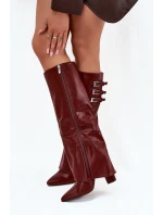 Dámské Kozačky Na Podpatku Otočený Svršek Pásky S Přezkami Bordové Nirisa