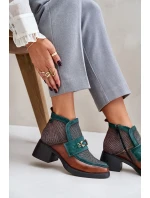 Kožené dámské kotníkové boty na masivním podpatku s ozdobou Maciejka A6747-29 hnědo-zelené