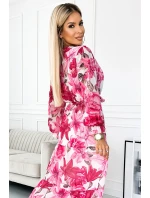 436-1 VALENTINA Midi šaty s výstřihem a páskem - RŮŽOVÉ růže na bílém pozadí 436-1 VALENTINA Midi šaty s výstřihem a páskem - RŮŽOVÉ růže na bílém pozadí