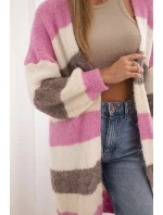 Dámský kardigan s vlnou v barevných pruzích růžový