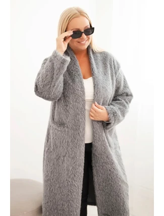Dámský kabát Plus Size z viskózy bez zapínání s kapsami šedý