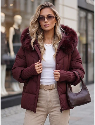 Dámská zimní prošívaná bunda s kožešinou, bordová, FashionStreet TY5742 Dámská zimní prošívaná bunda s kožešinou, bordová, FashionStreet TY5742