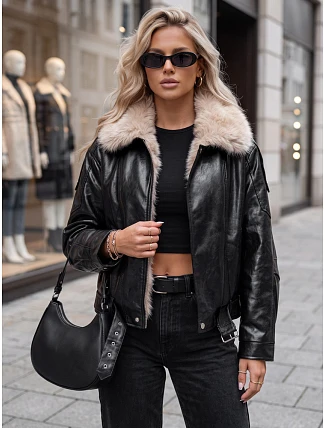 Dámská zimní bunda z ekokože s kožešinovým lemem, černá, FashionStreet TY5709 Dámská zimní bunda z ekokože s kožešinovým lemem, černá, FashionStreet TY5709