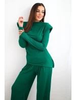 Dámský bavlněný komplet s blůzkou a kalhotami širokého střihu zelený