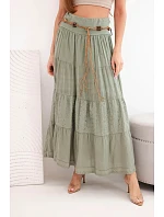 Dámská maxi bavlněná sukně s krajkovou výšivkou a elastickým pasem khaki