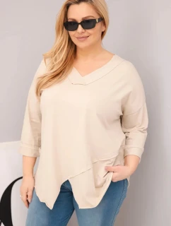 Dámská bavlněná blůza Plus Size s hlubokým výstřihem do V a asymetrickým spodním lemem béžová