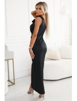 580-6 AURORA dlouhé saténové šaty na jedno rameno s růžemi - černé