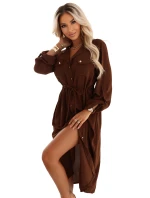 651-1 Šaty midi s knoflíky a páskem - čokoládové