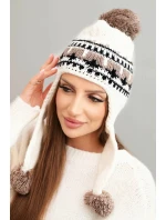 Dámská zimní vlněná čepice s ušima a pompony K436 ecru