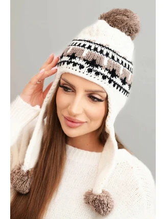 Dámská zimní vlněná čepice s ušima a pompony K436 ecru