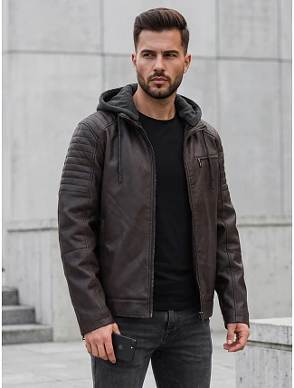 Pánská kožená zateplená bunda s kapucí, hnědá, FashionStreet TX5142