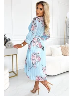 448-3 YUNA Plisované midi šaty s výstřihem a páskem - ROSES na modrém pozadí