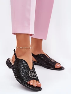 Kožené sandály na plochém podpatku s ozdobou S.Barski KV51-094 černé