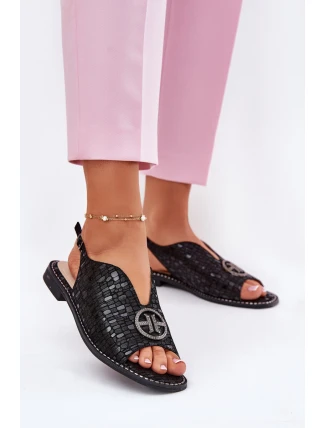 Kožené sandály na plochém podpatku s ozdobou S.Barski KV51-094 černé Kožené sandály na plochém podpatku s ozdobou S.Barski KV51-094 černé