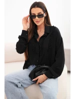 Dámská viskózová košile s dlouhým rukávem a volánky černá