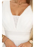 637-8 Dlouhé maxi šaty s brokátovým akcentem a hlubokým výstřihem - ecru barva