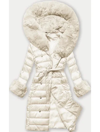 Dámský péřový kabát v barvě ecru se zapínáním na knoflíky (5M3160/1-254)