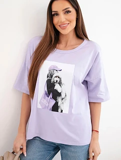 Dámská bavlněná oversize halenka s krátkým rukávem a módním potiskem světle fialová