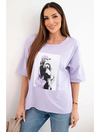 Dámská bavlněná oversize halenka s krátkým rukávem a módním potiskem světle fialová