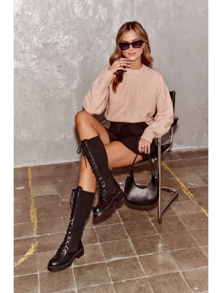 Dámské kozačky se šněrováním a elastickým svrškem černé Virxinia