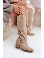 Semišové Čižmy Na Nízkém Podpatku S Návleky Před Kolena Světle Béžové Zazoo 3444/O