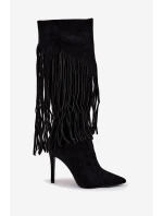 Dámské kozačky na jehlovém podpatku s třásněmi černé Isalune