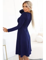 567-2 Pohodlné trapézové šaty s dlouhými rukávy - tmavě modré