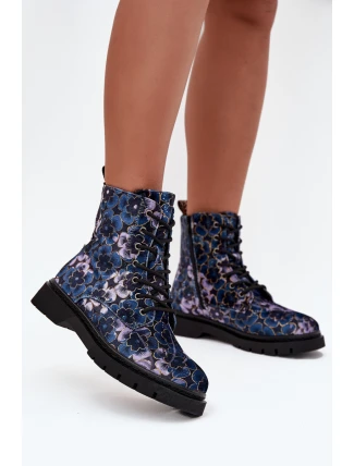 Dámské zateplené kotníkové boty 57C1052 Tmavě modrá vzor - Artiker