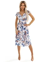 425-13 MATILDE Dámské šaty s výstřihem a krátkými rukávy - béžové a modré květy 425-13 MATILDE Dámské šaty s výstřihem a krátkými rukávy - béžové a modré květy