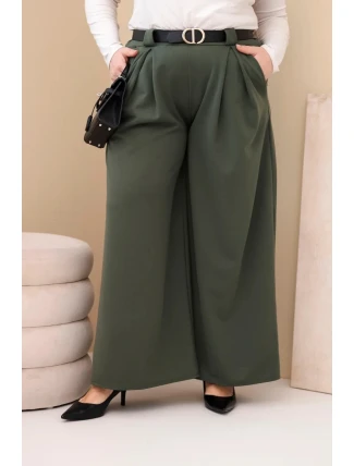 Dámské kalhoty Plus Size viskózové s širokou nohavicí a páskem khaki